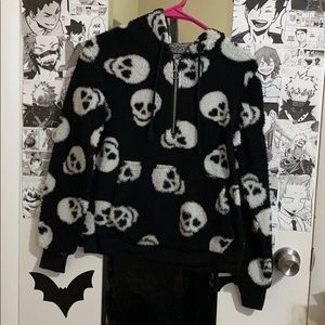 Skull Print Sherpa Half Zip Hoodie
